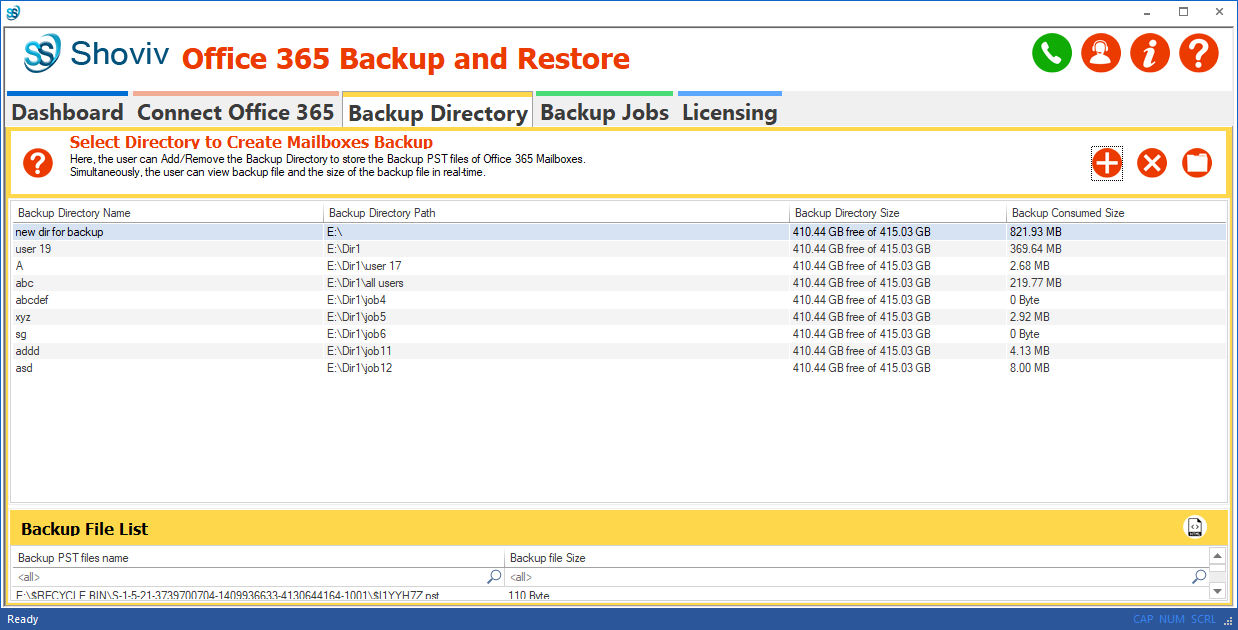 From the backup directory tab, click on the add icon and create a backup directory to store Office 365 backup mailboxes.