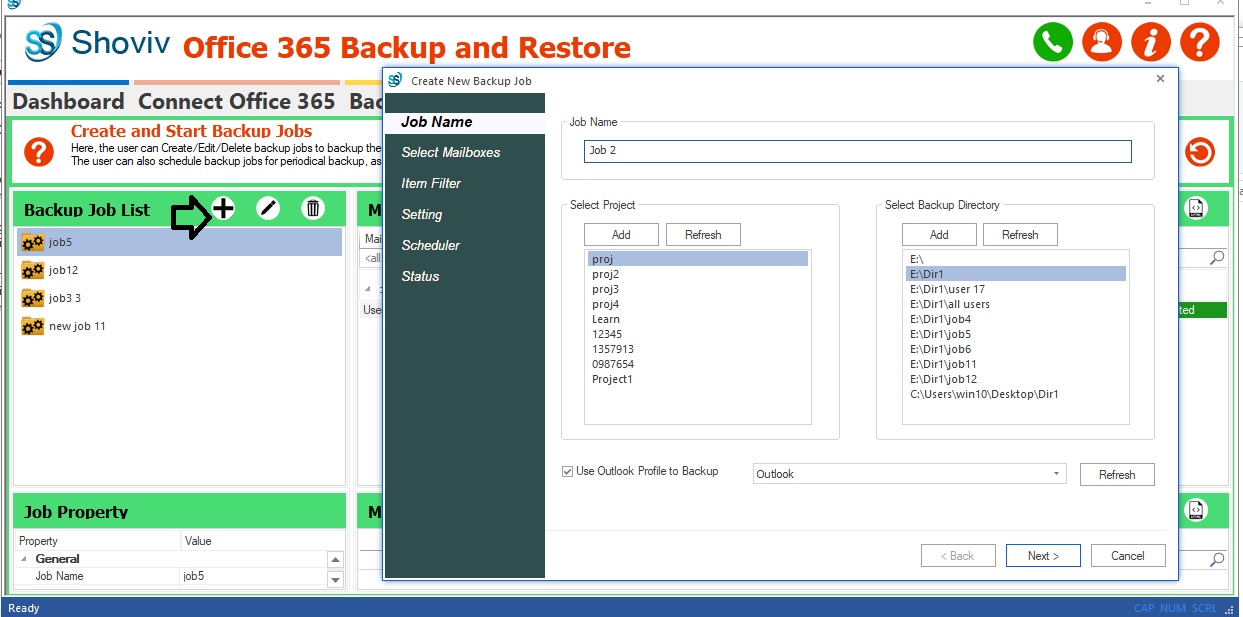 Next, by clicking on the add button of the description toolbar from the backup jobs tab, create a new backup job. 