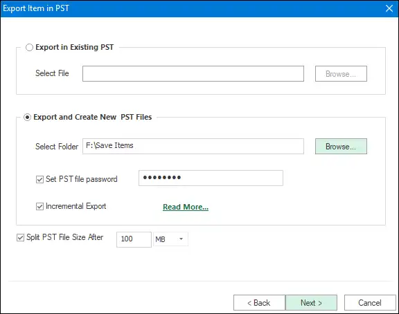 Select the option to save the resultant file in the existing PST or a new one. 